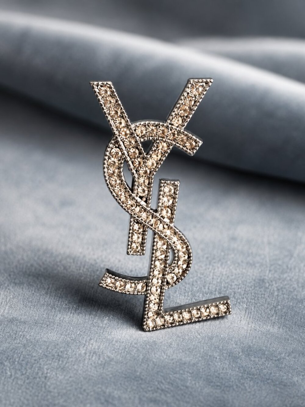 Sparkling Crystal Monogram Brooch Rhinestone Statement Pin Silver Tone